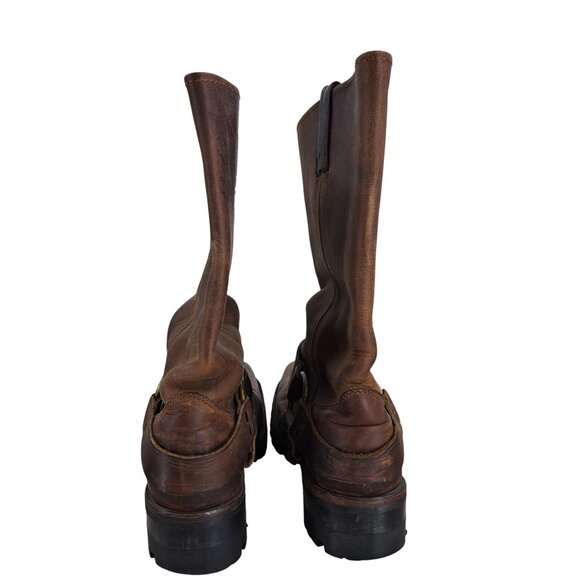 Frye Brown Leather Harness Pull On Moto Boots Size 8 Womens Heel Distressed - Picture 6 of 15